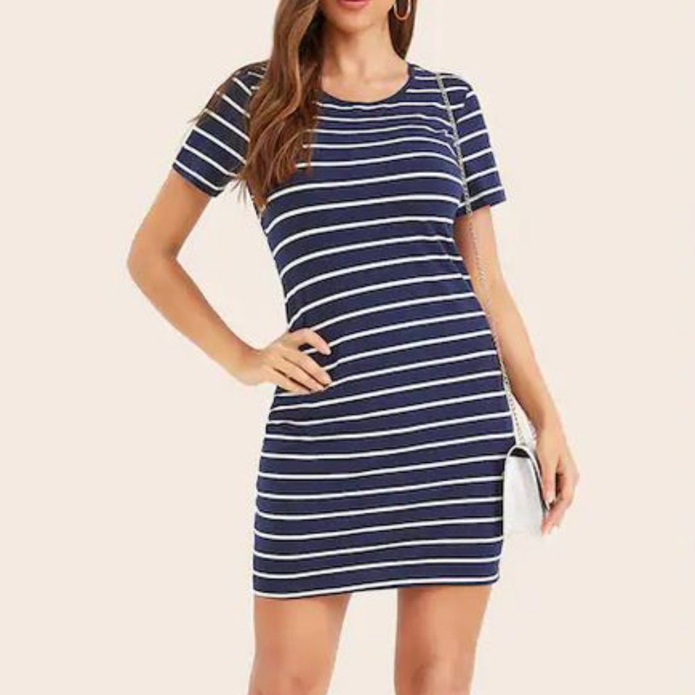 SHEIN SHORT SLEEVE STRIPED BODYCON DRESS NAVY SZ M